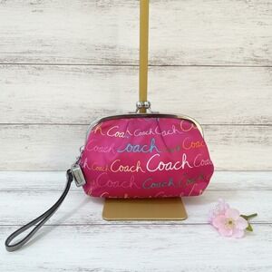 Coach Wristlet Womens Pouch Pink Satin Script Logo Kisslock Classic Chic Bag